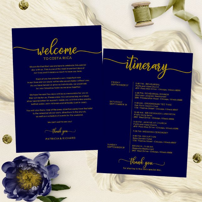 Invitation Mariage Week-end Bienvenue Itinéraire or bleu mari (Créateur téléchargé)