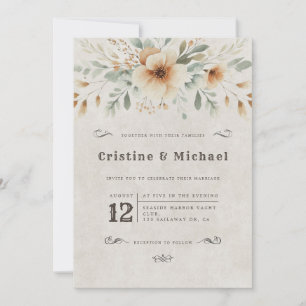 Invitation Mariage Western vintage fleurs d'aquarelle