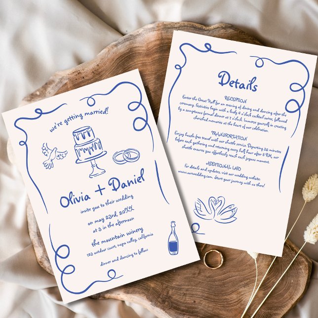 Invitation Mariage Whimsical Hand Drake Navy Blue Détails (Créateur téléchargé)