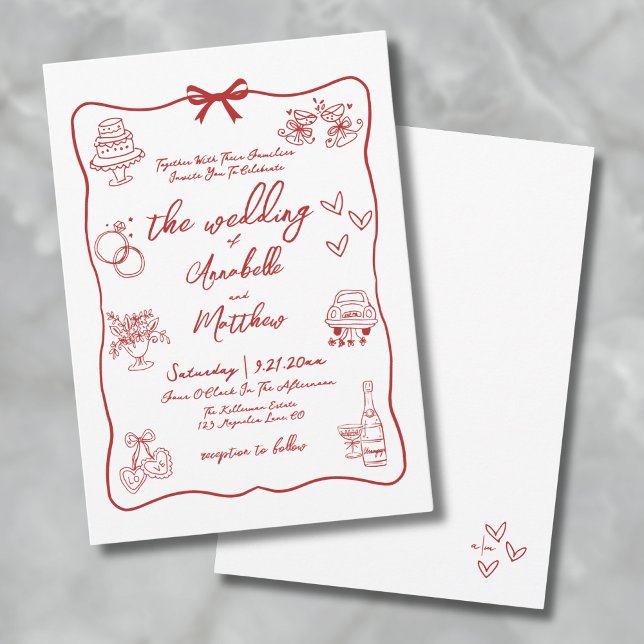 Invitation Mariage Whimsical Rouge tiré à la main (Hand Drawn Red Whimsical Wedding Invitation)