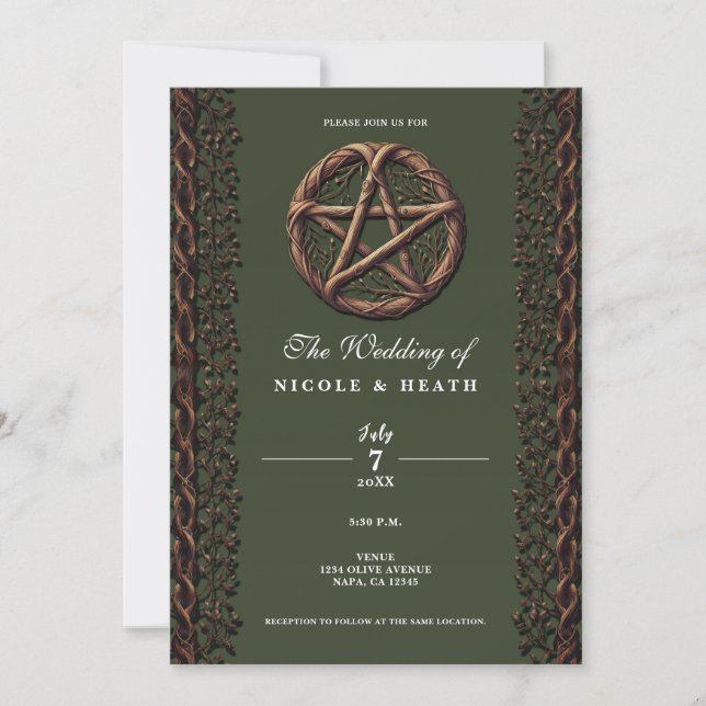 Invitation Mariage Wiccan vert Olive Twig Pentacle bois (Devant)