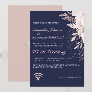 Invitation Mariage WiFi virtuel Dusty Rose Floral Navy bleu