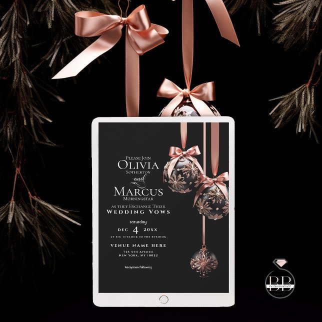 Invitation MARIAGE | Winter Pink et Onyx Baubles (Pressed for Time? Send it digital Pale pink and Onyx black Christmas baubles for your holiday event.)
