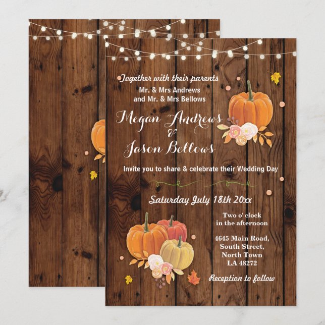 Invitation Mariage Wood Rustic Citrouille Automne Automne Inv (Devant / Derrière)