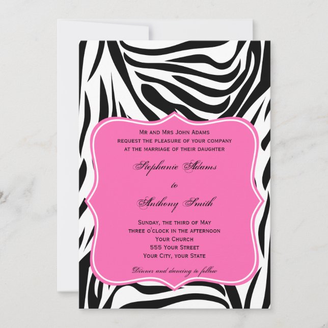 Invitation Mariage Zèbre noir, blanc et rose chaud (Devant)