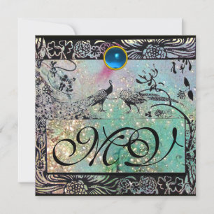 Invitation MARIAGES INSÉPARABLES MONOGRAM Black Aqua Blue Flo