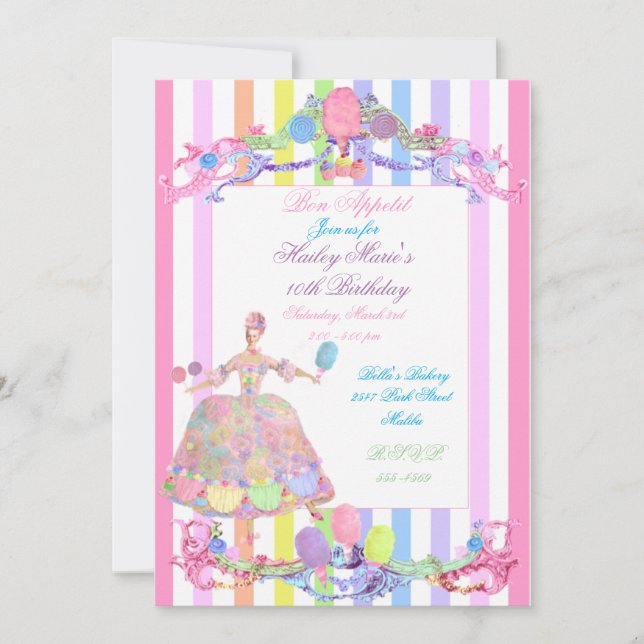 Invitation Marie Antoinette rayures de bonbons pastels frança (Devant)