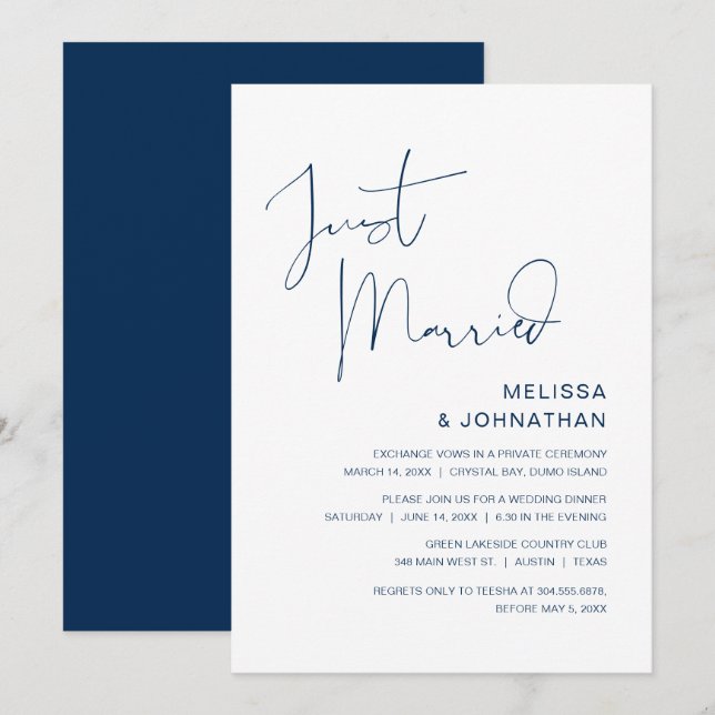 Invitation Marié, Mariage, Parti Elopement, Bleu Marine (Devant / Derrière)