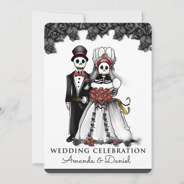 Invitation Marié rouge de jeune mariée de squelettes de (Devant)