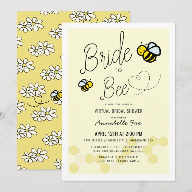 Invitation Mariée à abeille Fête des mariées virtuelle jaune  (Devant / Derrière)