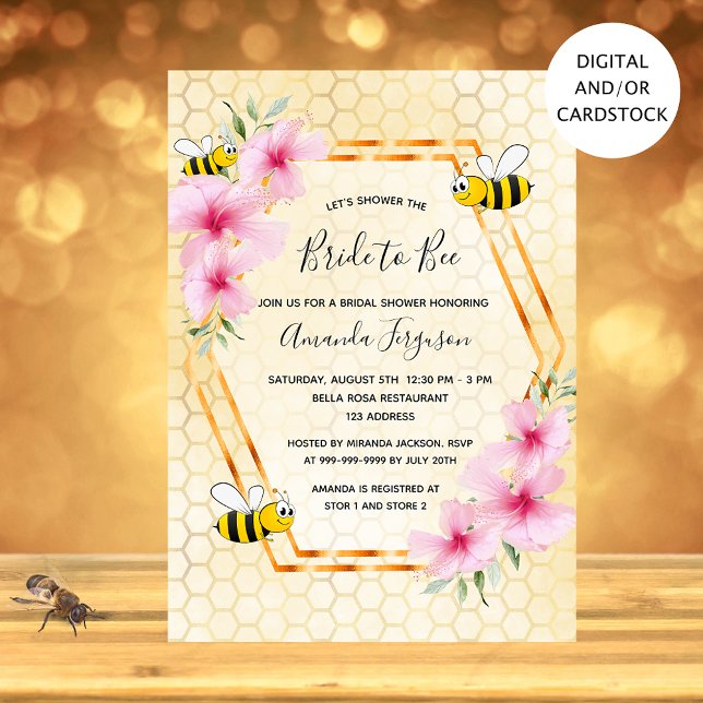 Invitation Mariée à abeille nid d'abeille fleurons roses douc (Créateur téléchargé)