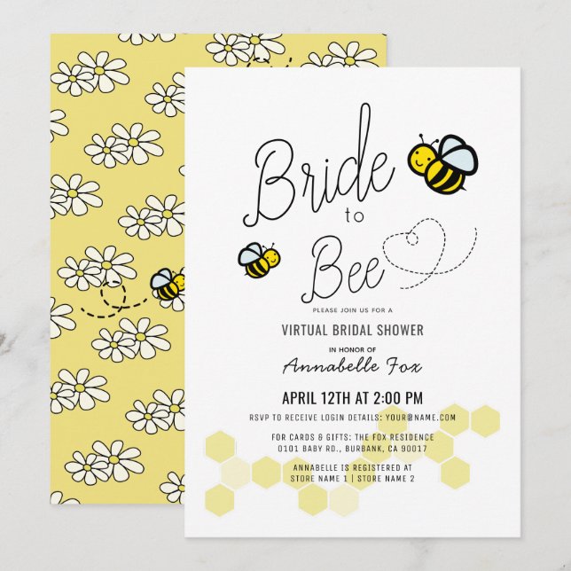 Invitation Mariée à Bee White Fête des mariées virtuelle (Devant / Derrière)