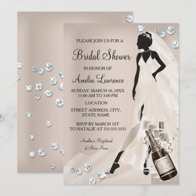Invitation Mariée chic beige Mariage Shower paillettes de dia (Devant / Derrière)
