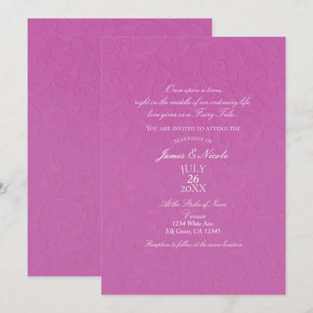 Invitation Mariée Damask Conte de Fées Rose Princesse (Devant / Derrière)