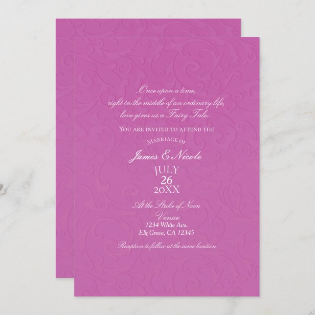 Invitation Mariée de conte de fées damassé rose Princesse Ber (Devant / Derrière)