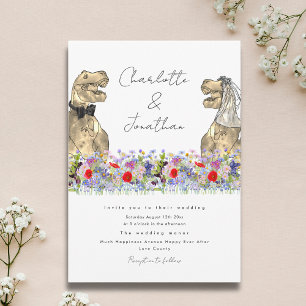 Invitation Mariée et marié dinosaure et fleurs sauvages