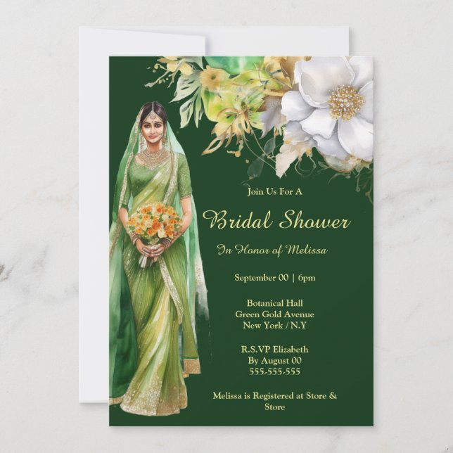 Invitation Mariée indienne pour être des fleurs d'or vert bot (Devant)