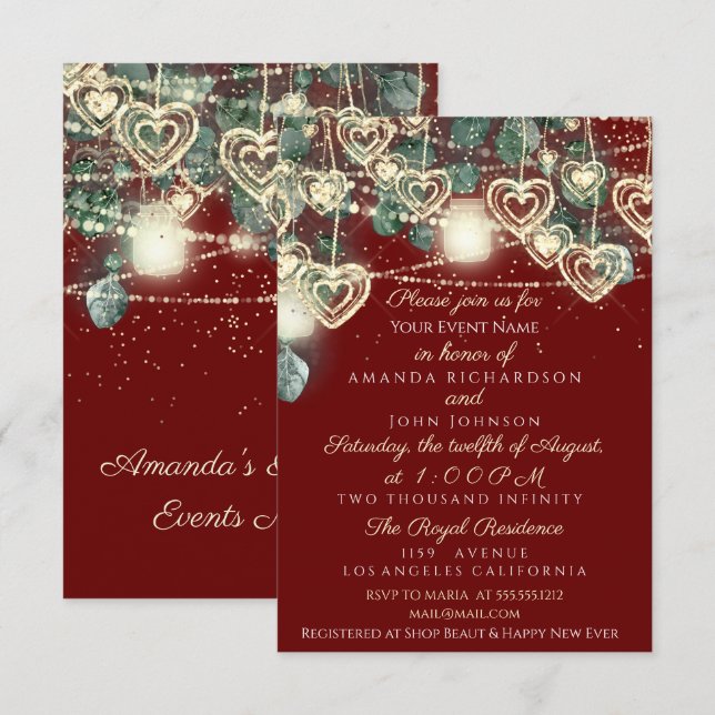 Invitation Mariée mariage Rustique Bois Or Maroon Mint He (Devant / Derrière)