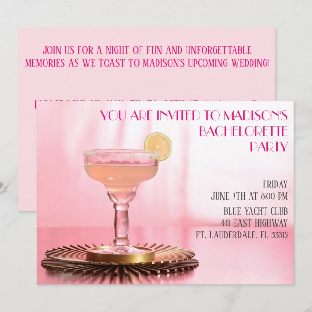 Invitation Mariée rose Margarita / Bachelorette (Devant / Derrière)