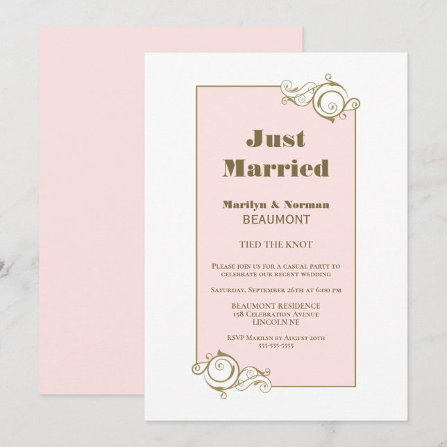 Invitation Mariés à peine unis Cadre doré Rose Réception de m (Devant / Derrière)