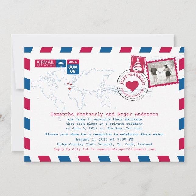 Invitation Mariés du Jour | Portugal Courrier aérien après la (Devant)