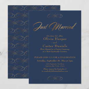 Invitation Mariés Élégant Calligraphie Or sur Fond Bleu Marin