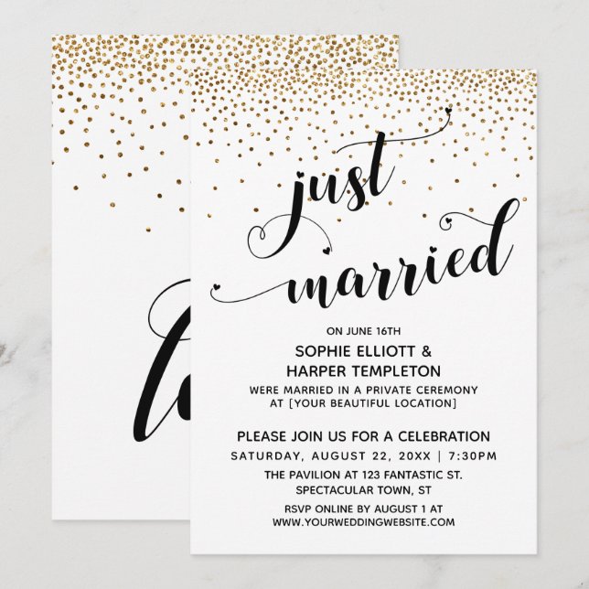 Invitation Mariés, Script, Confettis dorés, Réception uniquem (Devant / Derrière)