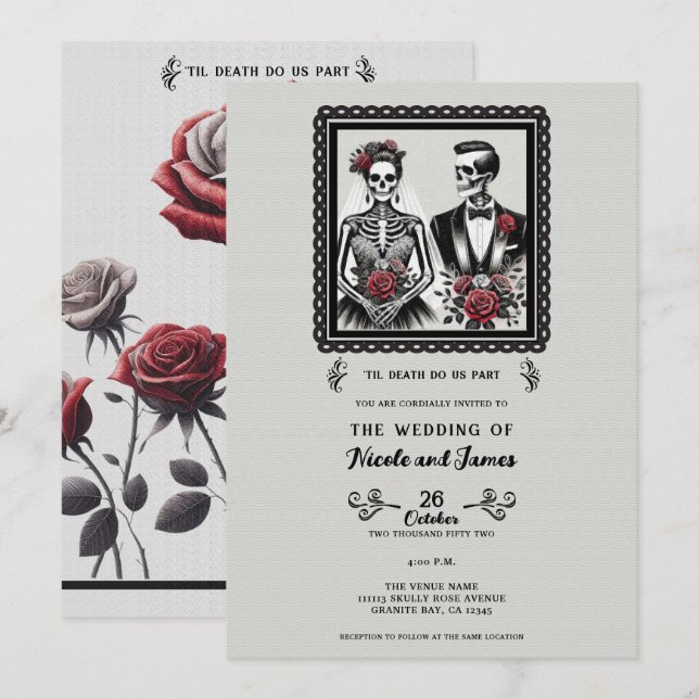 Invitation Mariés squelettes couple gris floral mariage (Devant / Derrière)