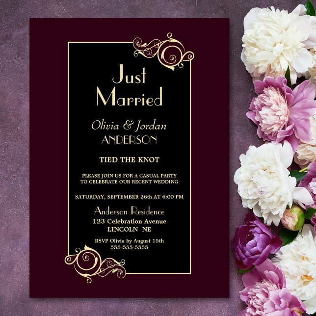 Invitation Mariés tout juste Réception de mariage noir bordea (Créateur téléchargé)