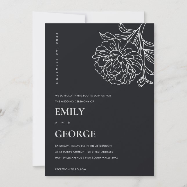 Invitation Marigold noir et blanc Mariage de croquis floraux (Devant)