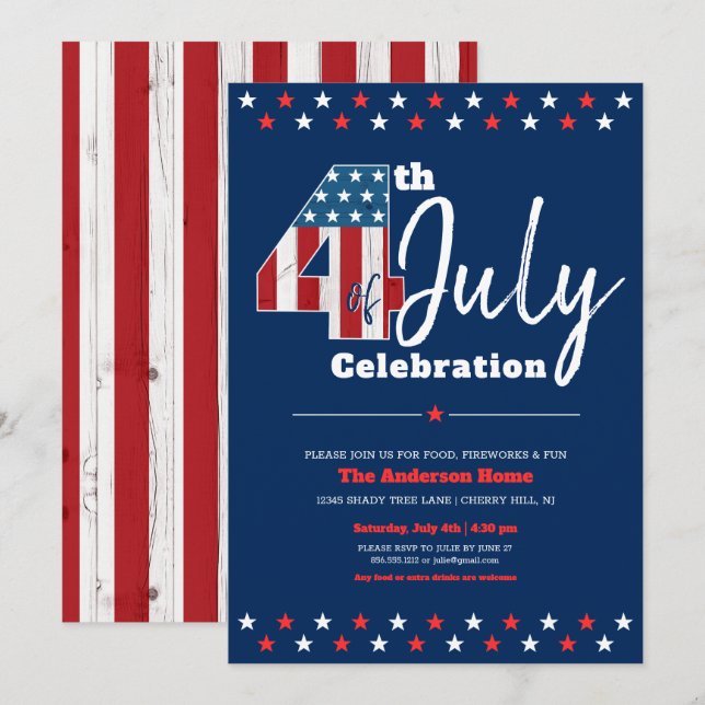 Invitation Marine 4 juillet USA Drapeau Étoiles Gras Moderne  (Devant / Derrière)