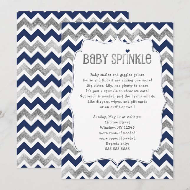 Invitation Marine Argent Bébé Sprinkle, garçon baby shower in (Devant / Derrière)