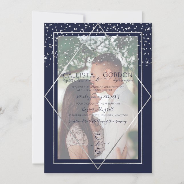 Invitation Marine Argent Confetti Geo Mariage photo frontière (Devant)