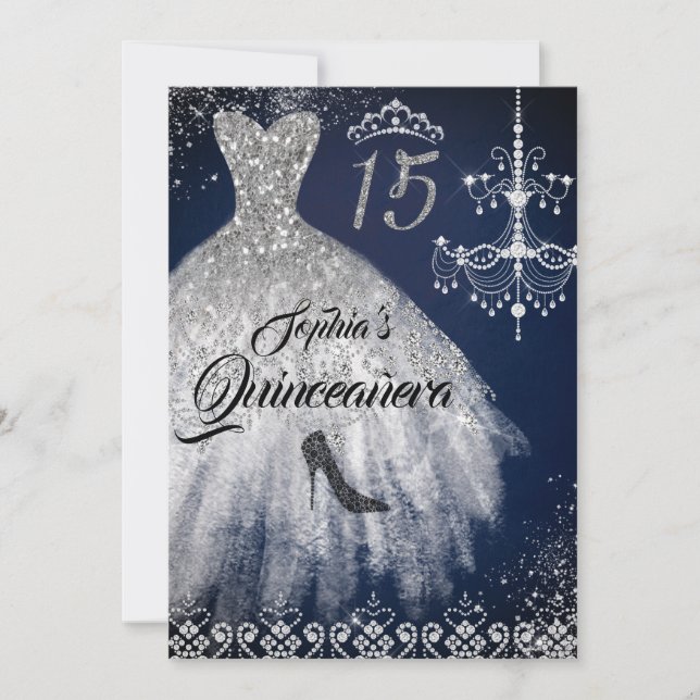 Invitation Marine Argent Étincelle Diamond Robe Quinceanera (Devant)