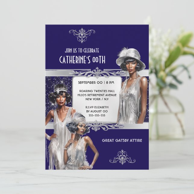 Invitation Marine argent Great Gatsby Flapper filles annivers (Debout devant)