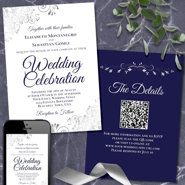 Invitation Marine & Argent sur blanc Elegant Code QR Mariage (Front/Back/Downloadable)