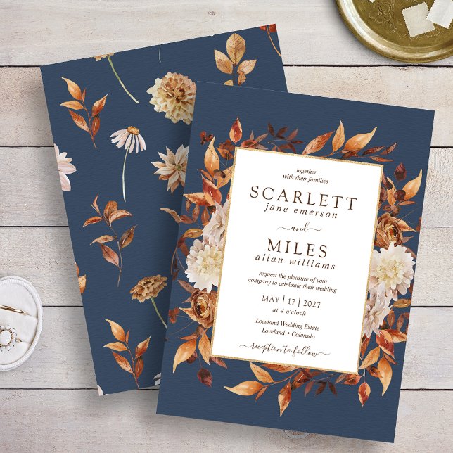 Invitation Marine Automne Terracotta Aquarelle Florale Mariag (Navy Fall Terracotta Watercolor Floral Wedding Invitation
)