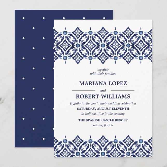 Invitation Marine Azulejo | Espagnol Mariage de dentelle fron (Devant / Derrière)