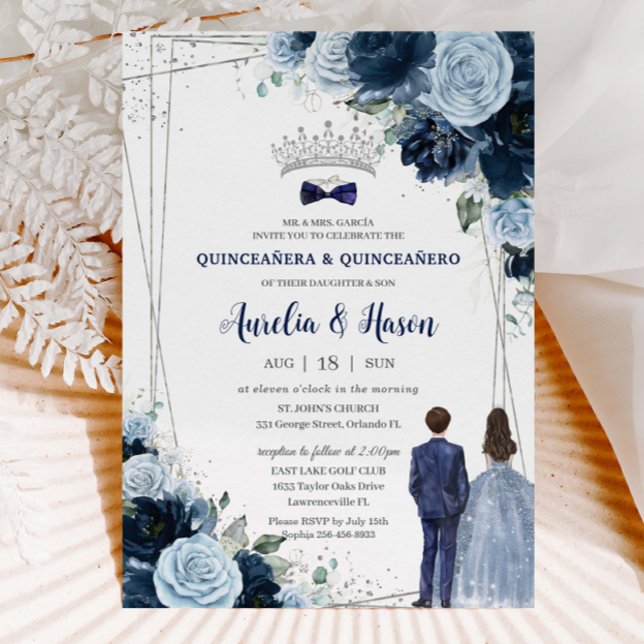 Invitation Marine Baby Blue Floral Twins Garçon fille Quincea (Créateur téléchargé)