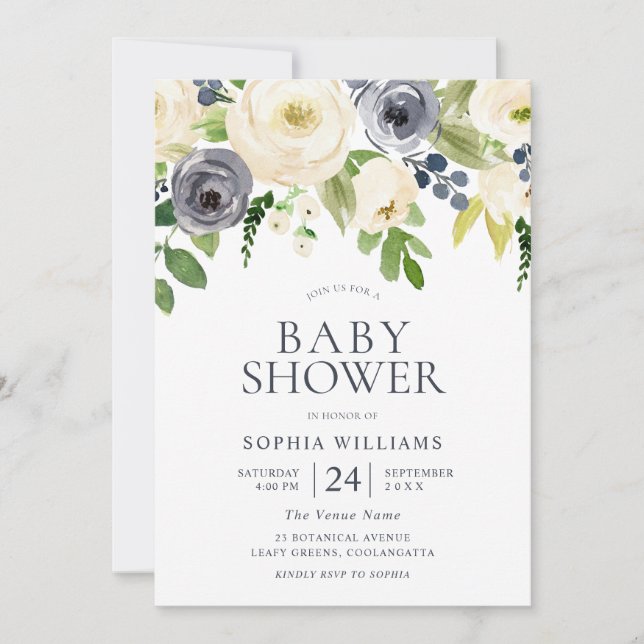 Invitation Marine & Blanc Fleurs magnifiques Baby shower garç (Devant)
