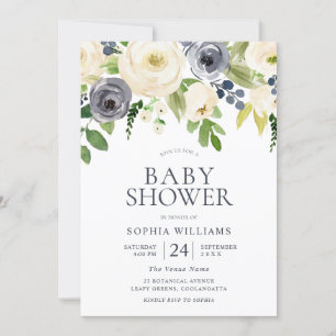 Invitation Marine & Blanc Fleurs magnifiques Baby shower garç