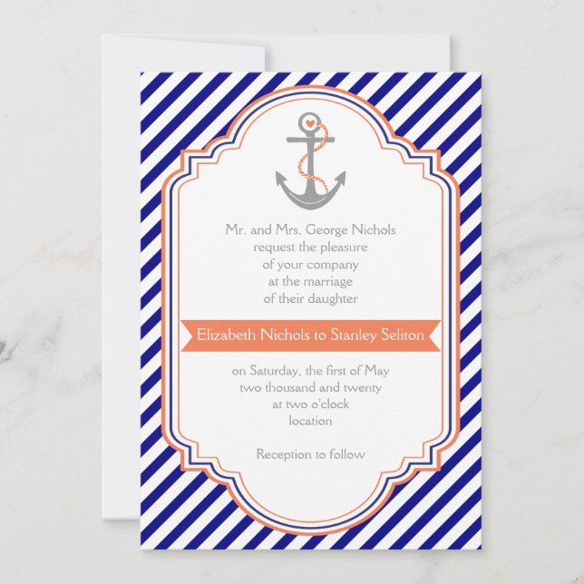 Invitation Marine bleu, ancre de corail & rayures mariage nau (Devant)