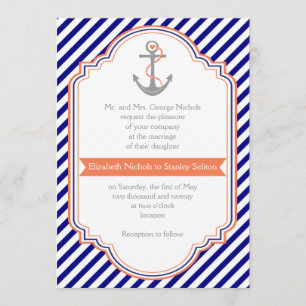 Invitation Marine bleu, ancre de corail & rayures mariage nau