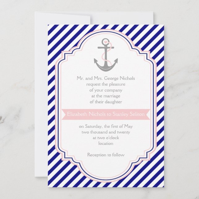 Invitation Marine bleu, ancre rose et rayures mariage nautiqu (Devant)