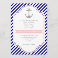 Marine bleu, ancre rose et rayures mariage nautiqu