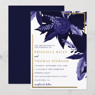 Invitation Marine bleu aquarelle or chute mariage floral