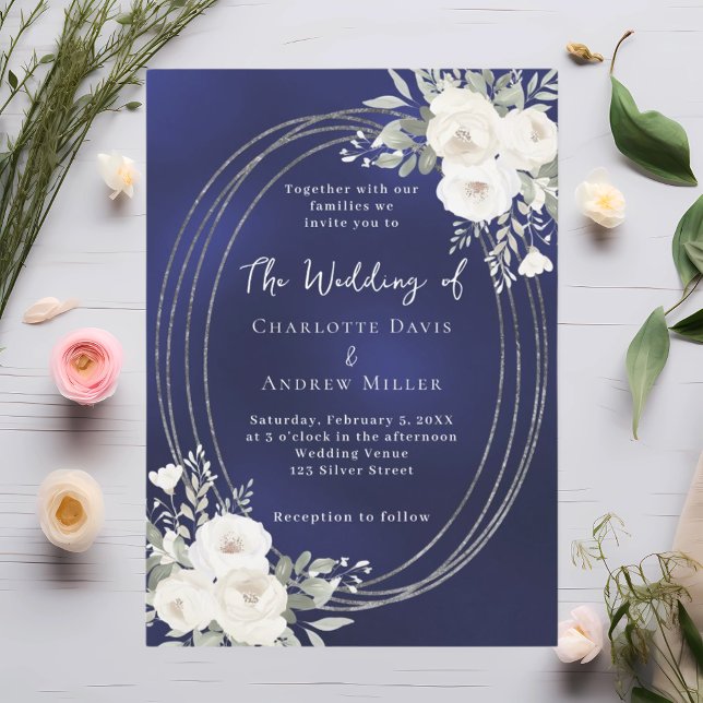 Invitation Marine bleu argent blanc floraux rose mariage (Créateur téléchargé)
