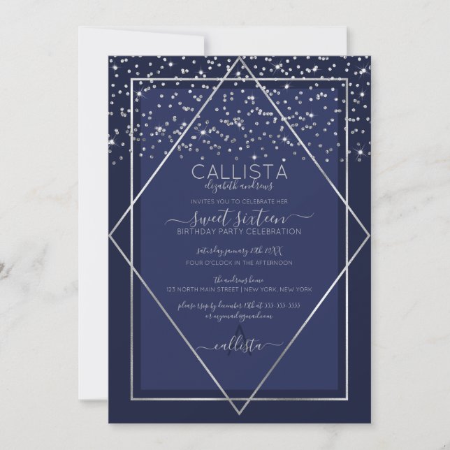 Invitation Marine Bleu Argent Confetti Bordure Sweet 16 (Devant)