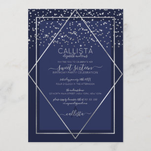 Invitation Marine Bleu Argent Confetti Bordure Sweet 16