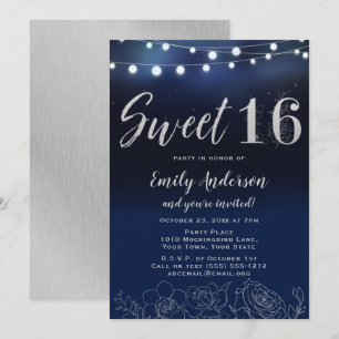 Invitation Marine Bleu Argent Éclairage Floral Sweet 16